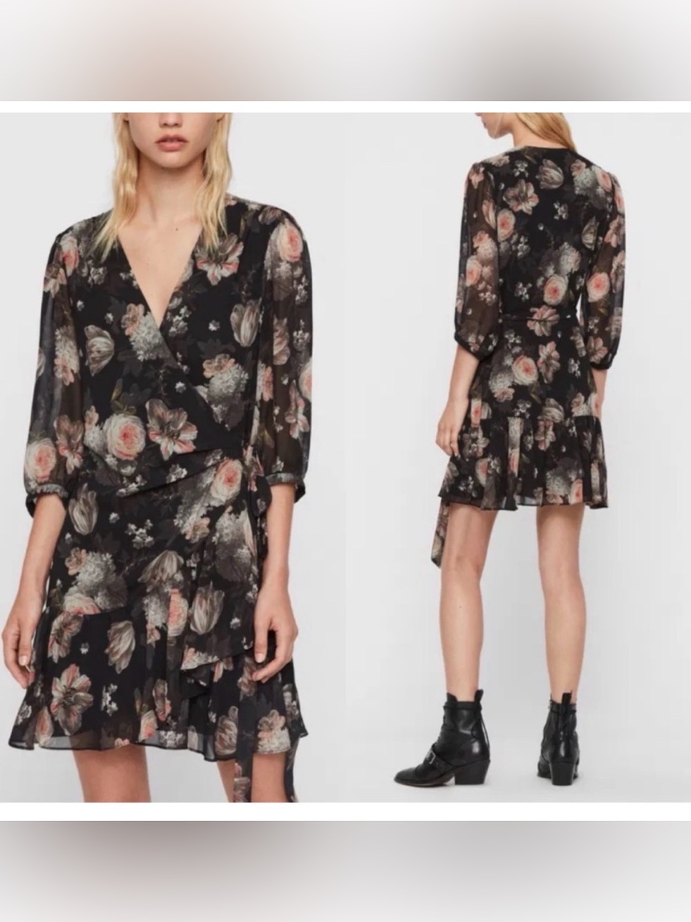 All Saints Eden floral wrap mini dress
